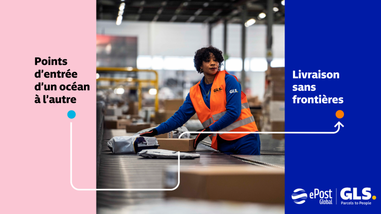 Employé de GLS triant des colis sur un convoyeur. Texte : ‘Des points d’entrée d’un océan à l’autre, livraison d’une frontière à l’autre.’
