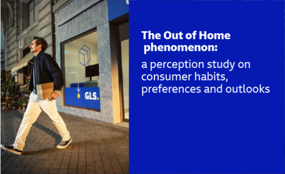GLS Out of Home phenomenon banner featuring a man walking toward a GLS pickup point and parcel lockers, alongside text about the study on consumer habits, preferences, and perspectives.